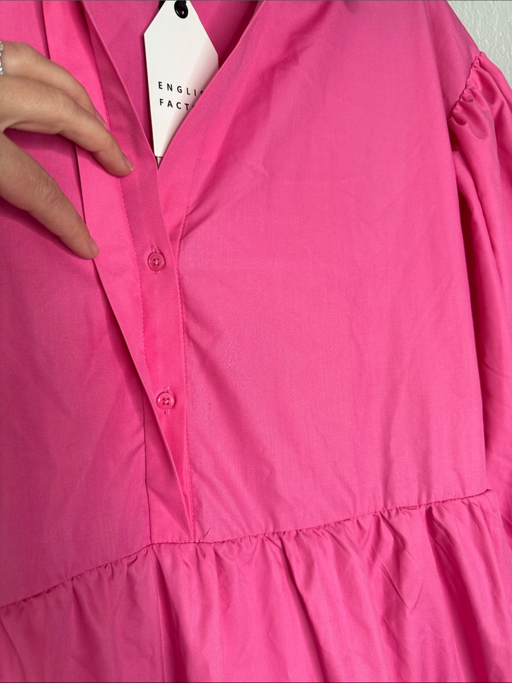 NWT English Factory Balloon Sleeve Pink Tiered Midi Shirt Dress Large Buttons - Picture 7 of 8